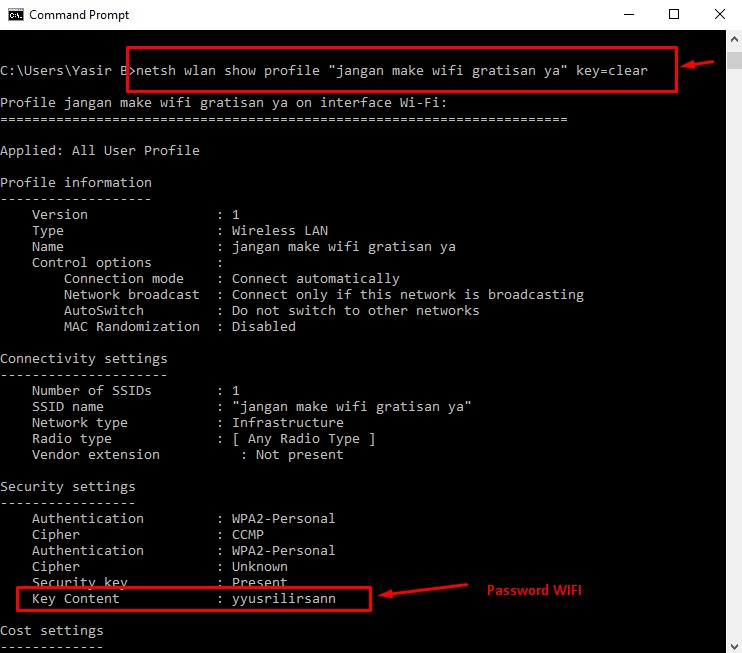 Melihat password wifi command prompt