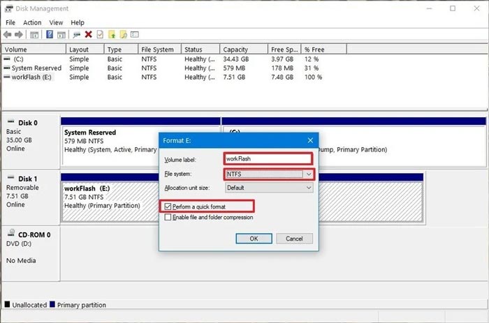 Format Settings USB Flashdisk via Disk Management