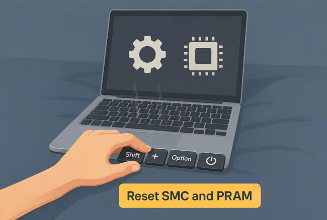 Kombinasi keyboard untuk reset SMC dan PRAM Macbook guna mengatasi error charging.