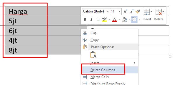 Cara Menghapus kolom dan baris tabel word
