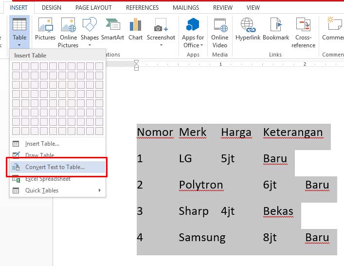 Cara Merubah Text menjadi tabel di ms word