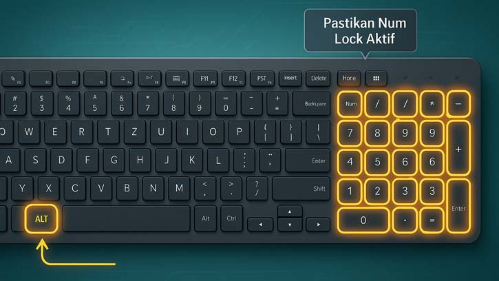 Tampilan atas keyboard lengkap dengan ALT key dan numpad yang disorot untuk mengetik simbol matematika