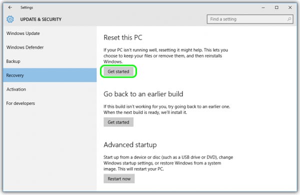 Mulai proses Reset Windows 10