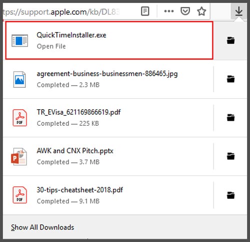 Buka file download QuickTime Windows