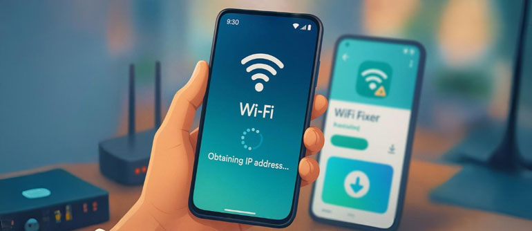 Tampilan layar Android stuck di obtaining IP address saat menyambung ke WiFi.