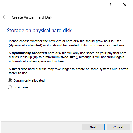 Memilih dynamically allocated untuk jenis penyimpanan hardisk virtual