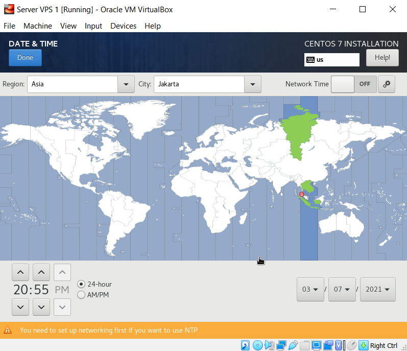 Memilih area waktu pada tampilan penginstalan centos 7