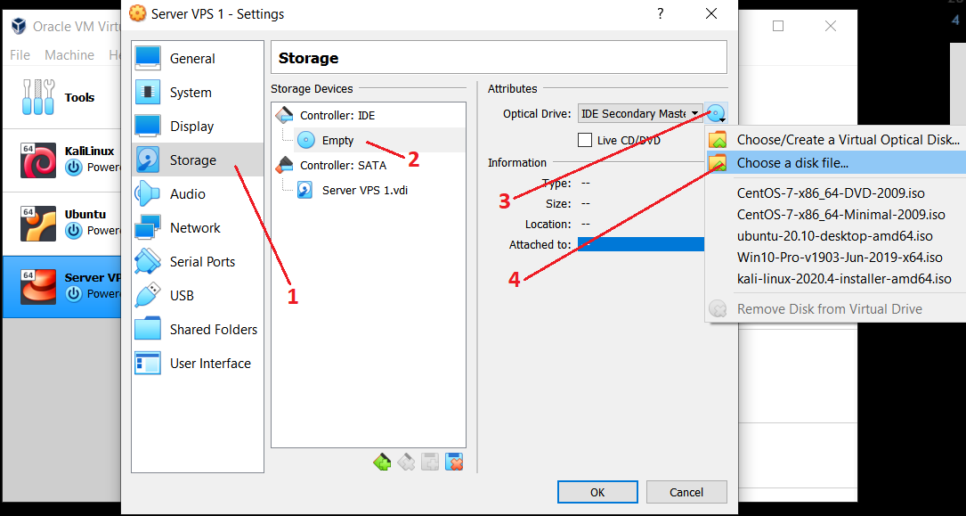 Memilih file .ISO centos 7 untuk mesin virtual