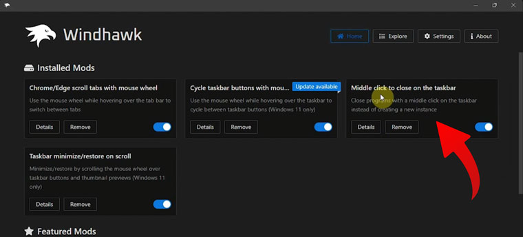 Install Modul Windhawk Taskbar Middle Click To Close App