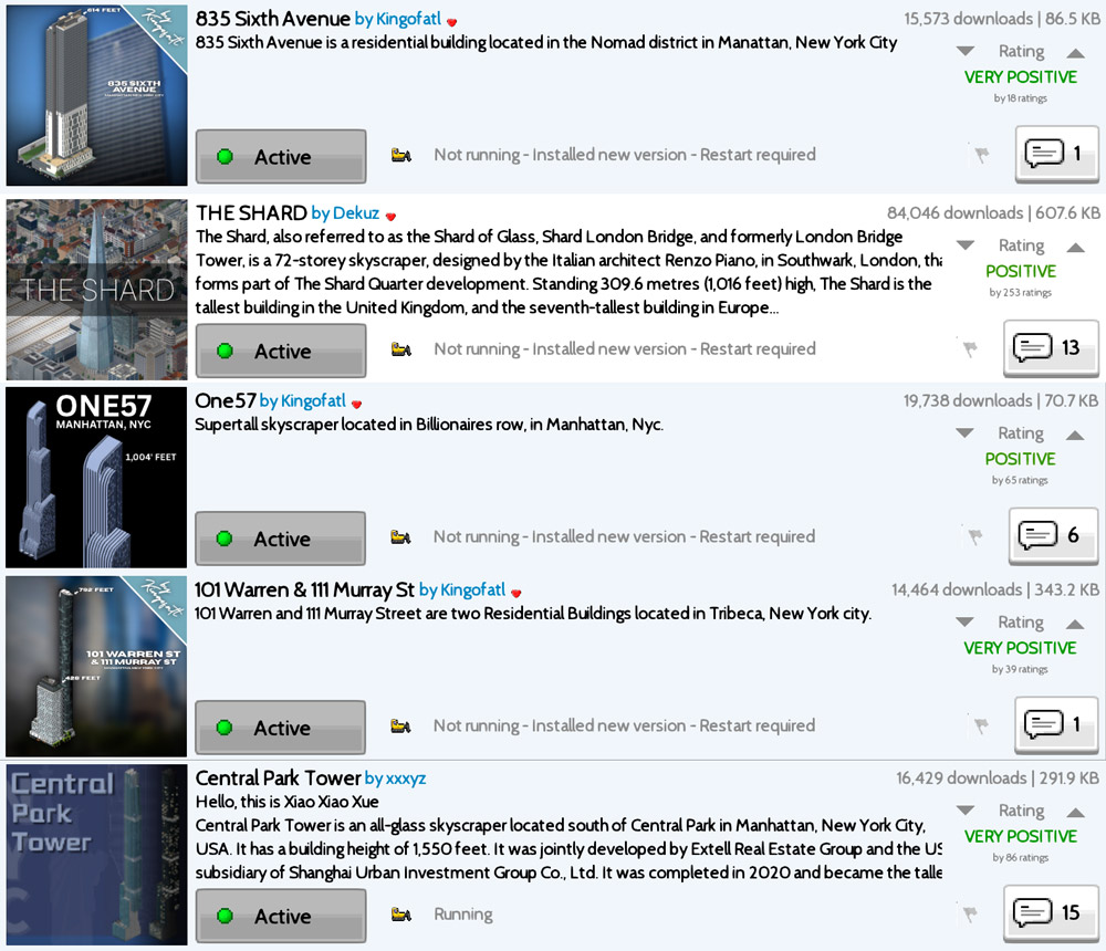 Collection of TheoTown Skyscraper Plugins featuring NYC and Tokyo city buildings