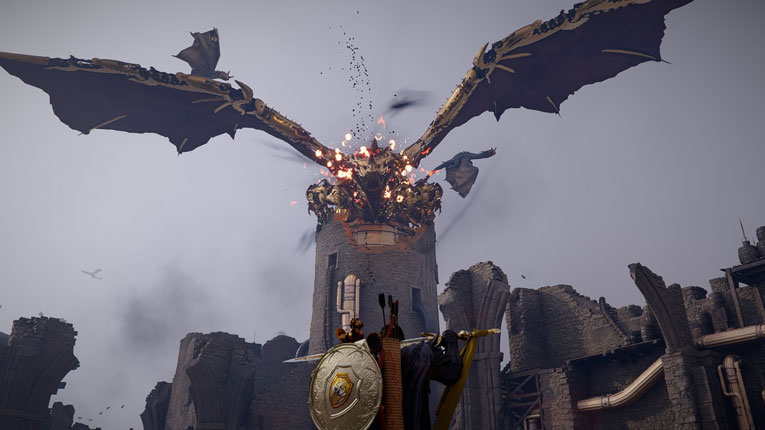 Crimson Desert Mac gameplay fighting a mechanical dragon boss