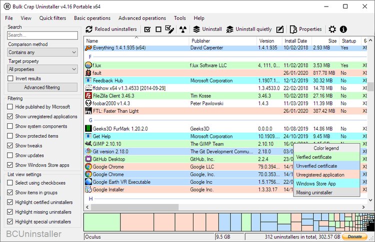 Bulk Crap Uninstaller v6.2 user interface showing installed applications list
