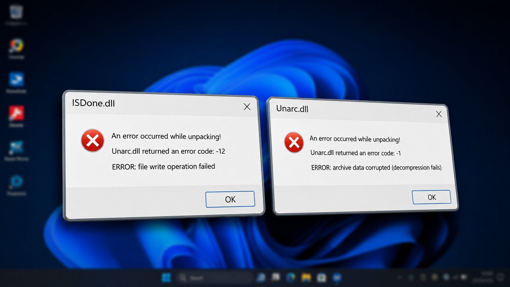 Notifikasi Pop Up Error Unarc.dll dan ISDone.dll di Windows Tampilan notifikasi pop up error ketika muncul error Unarc.dll atau ISDone.dll di Windows