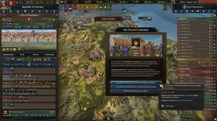 Europa Universalis V gameplay Florence Cathedral notification