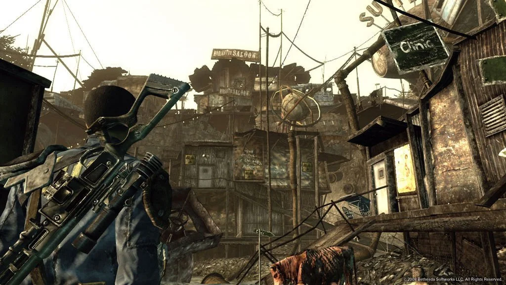 Fallout 3 gameplay entering clinic area in downtown