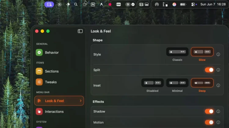 Glow macOS Liquid Glass Menu Bar Interface