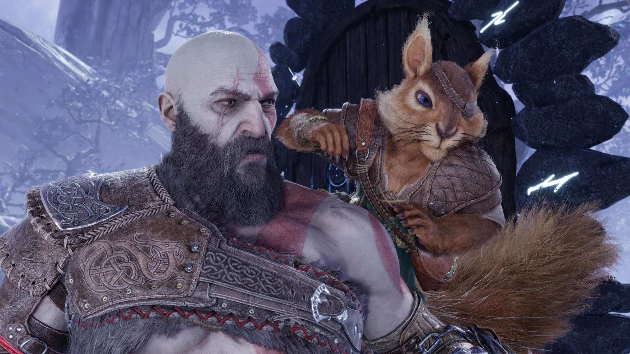 God of War Ragnarok gameplay Kratos and squirrel Ratatoskr