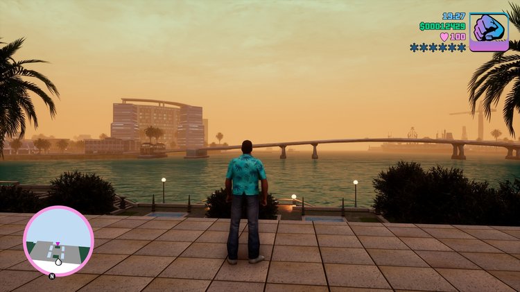 Grand Theft Auto Vice City Definitive Edition Full Version standing at the remade Vice City beachfront