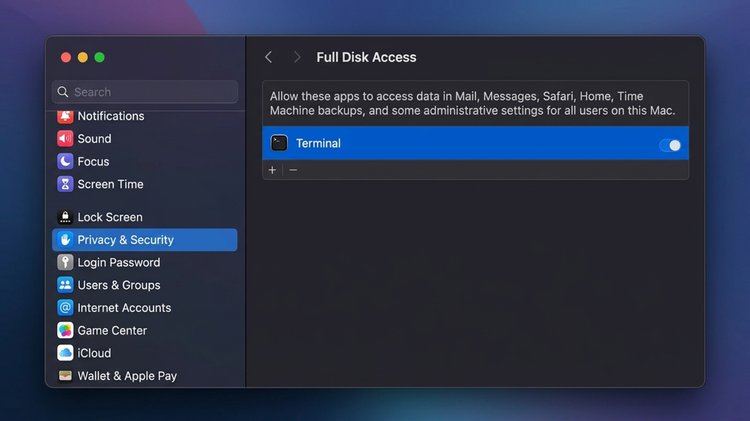 Buka Disk Access dan beri akses full ke aplikasi Terminal di Mac