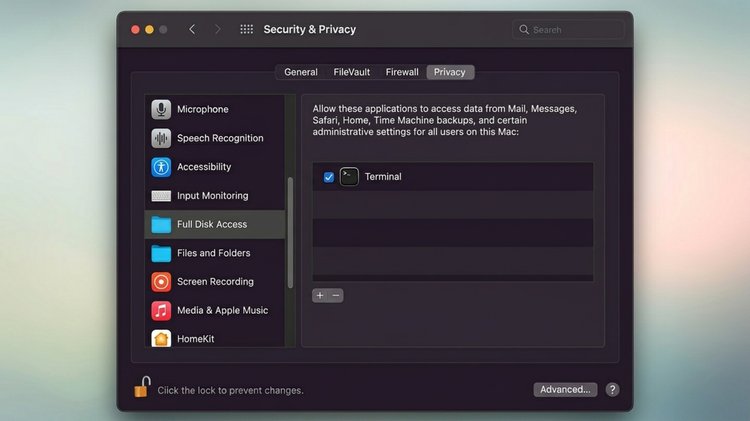 Tampilan Security Privacy macOS Monterey untuk kasih akses Terminal