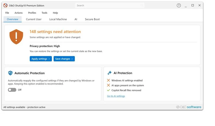 O&O ShutUp10 Premium Tampilan User Interface Windows 11