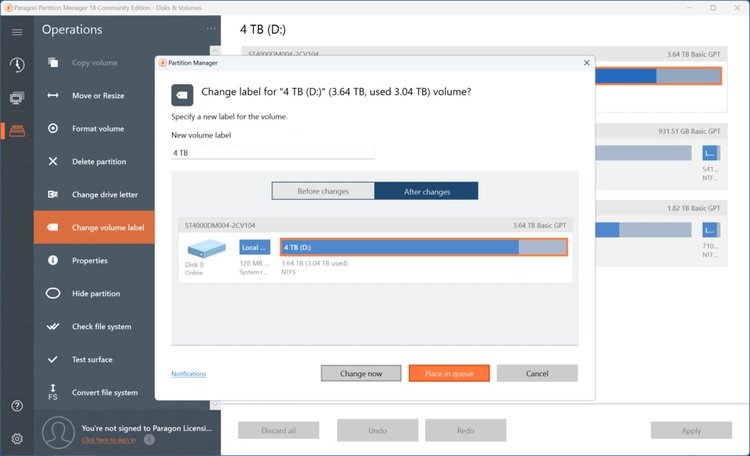 Paragon Hard Disk Manager Full Version user interface ketika sedang change label drive