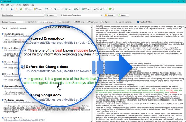 SeekFast v7.4 user interface showing file search results