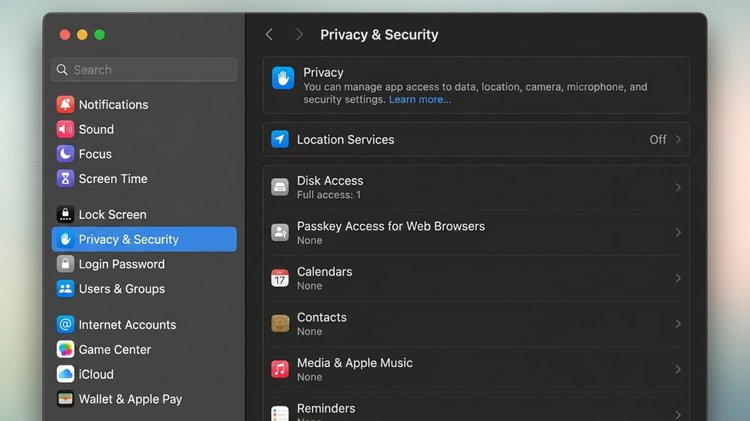 Tampilan buka System Settings dan masuk ke Privacy & Security