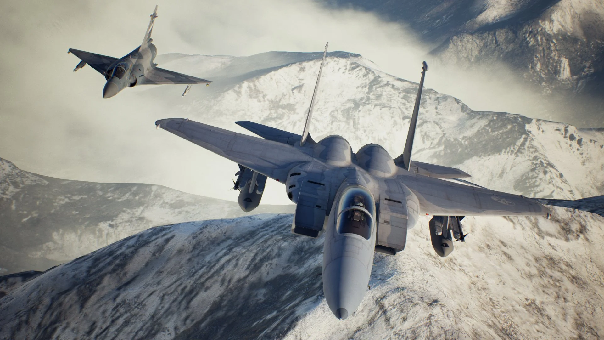Flying through snowy mountains with fighter jet