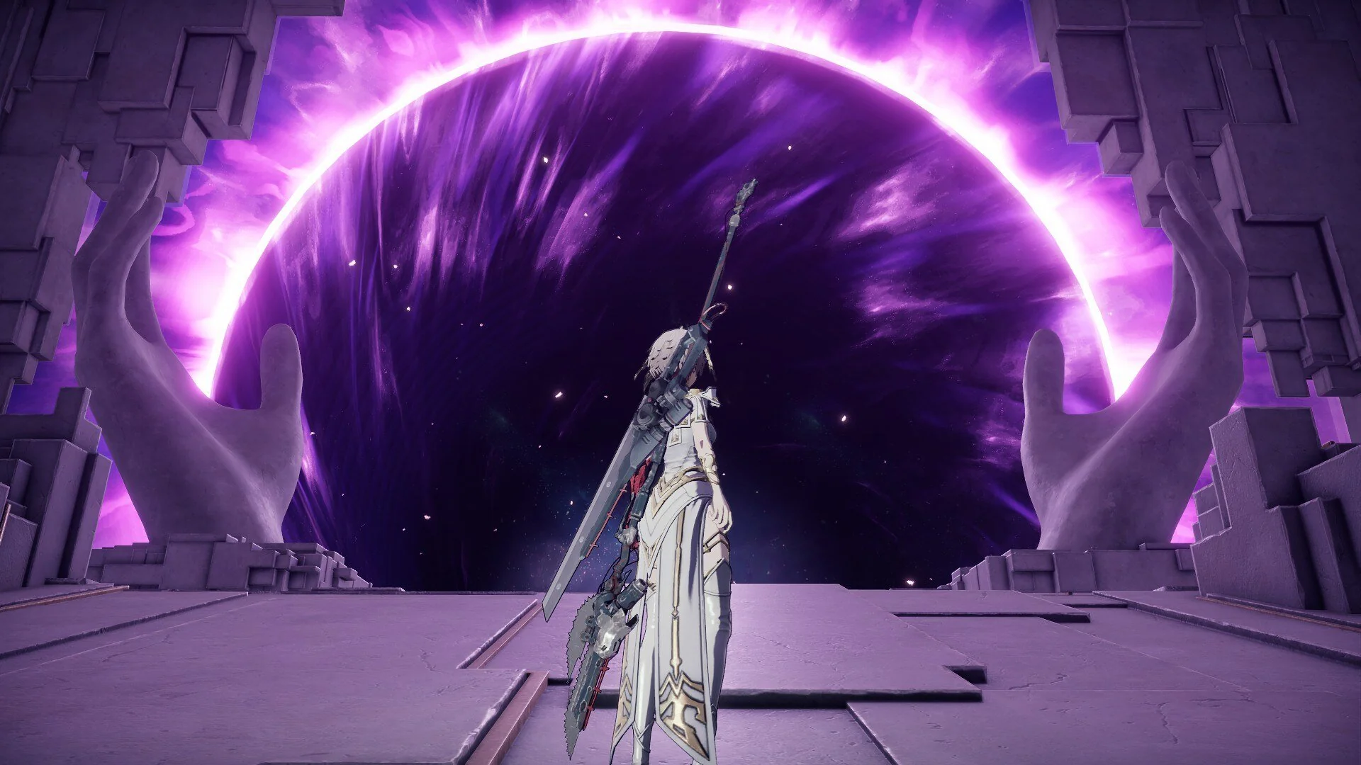 Main character berdiri di depan portal ke area BOSS fight