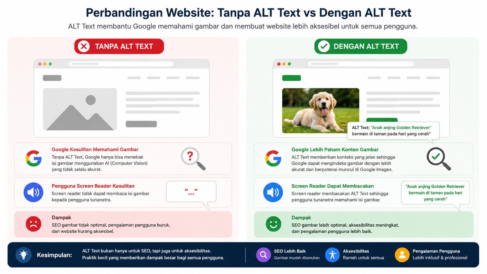 Perbandingan website tanpa alt text vs dengan alt text dan dampak nya untuk seo juga aksesibilitas