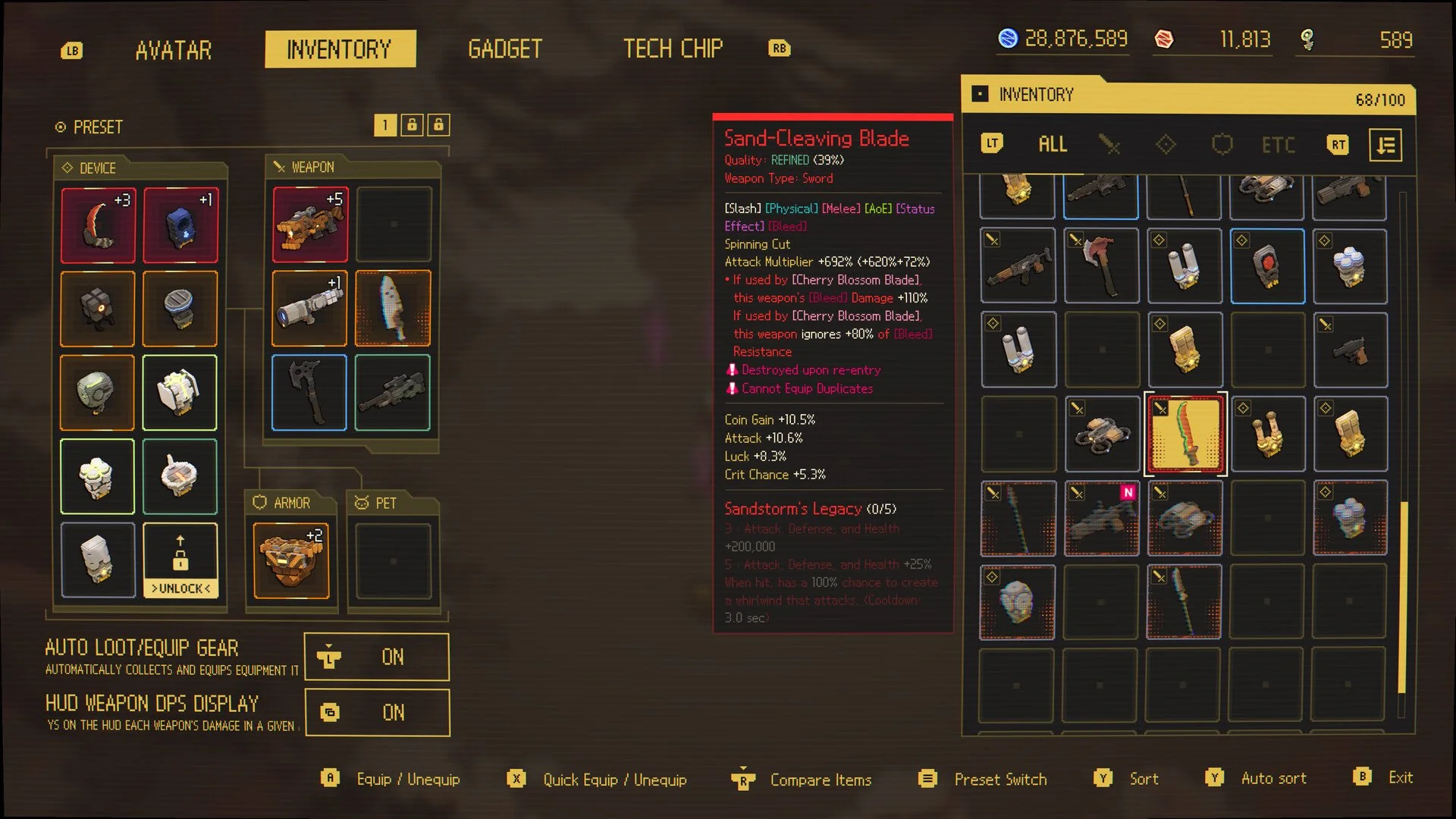 UI karakter inventory dan gear yang dipakai