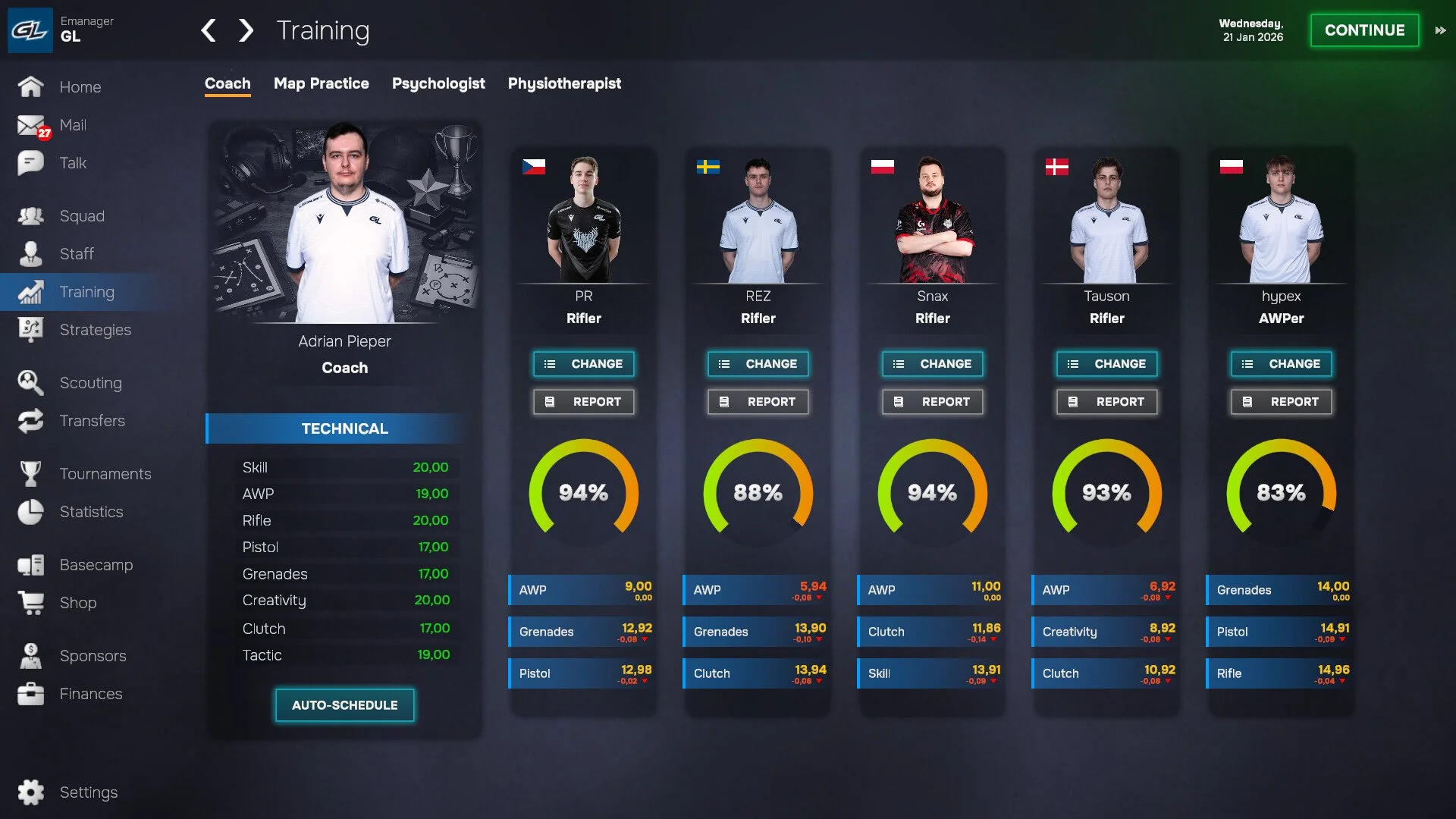 UI training player dan coach skill stats