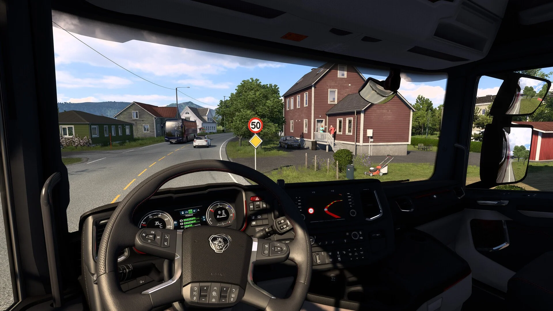 Tampilan first person mode nyetir di kabin truk
