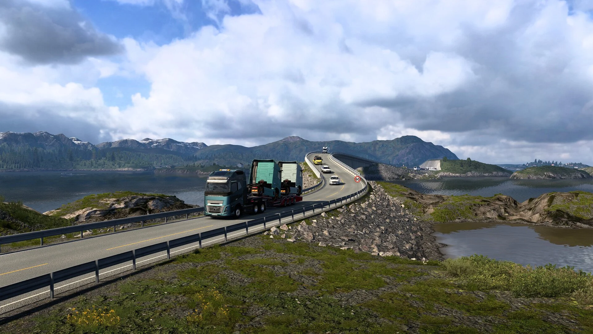 Truk cyan melewati jalur Nordic lewat jembatan antara pulau kecil