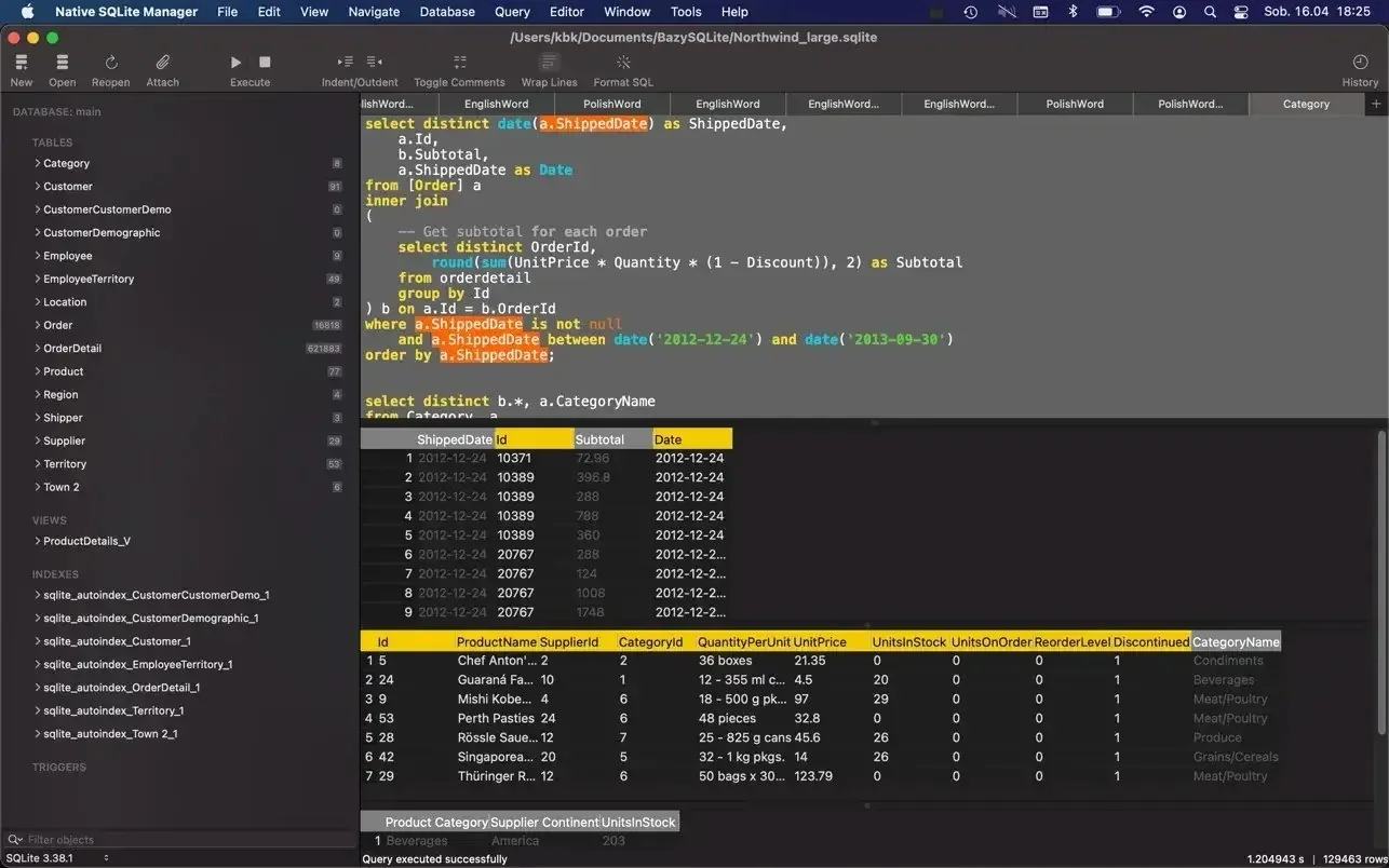 Native SQLite Manager database interface