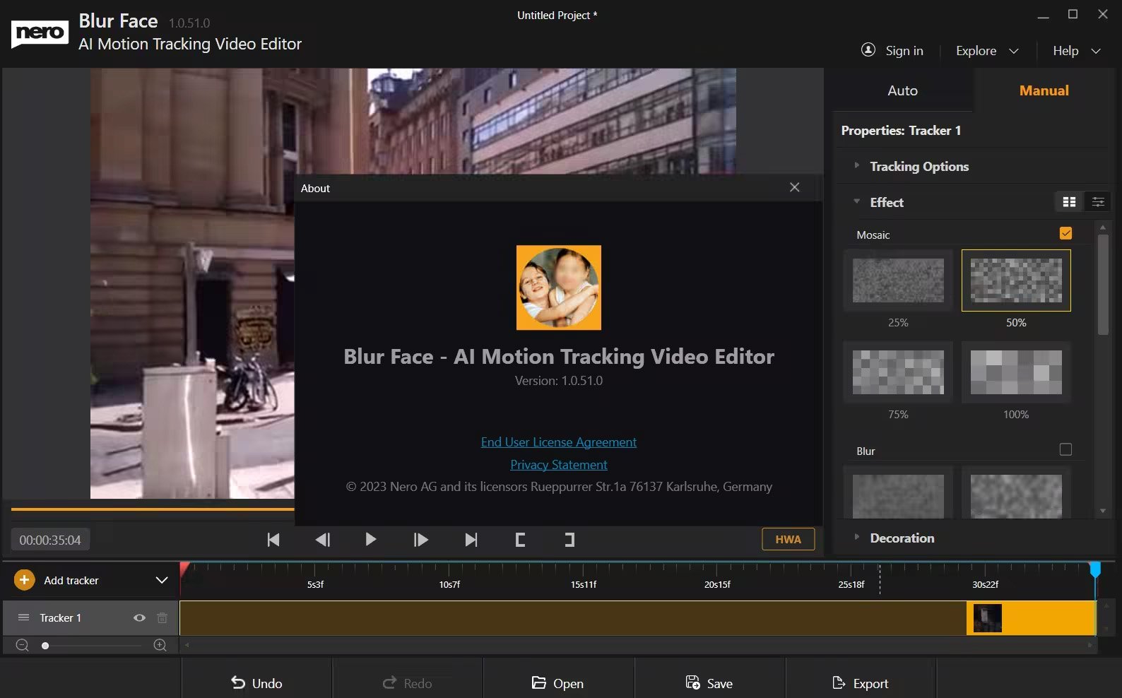 Nero Blur Face AI Motion Tracker user interface