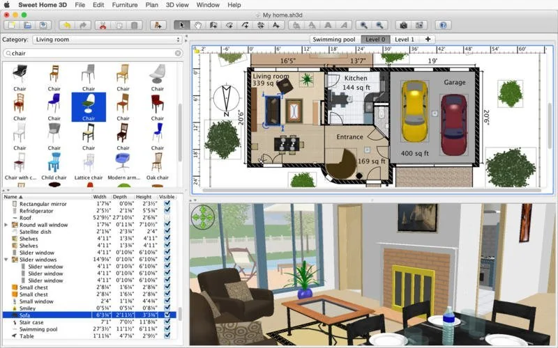 Sweet Home 3D sketch draft with sofa placement
