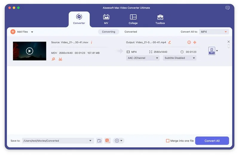 Aiseesoft Mac Video Converter Ultimate workspace untuk konversi video