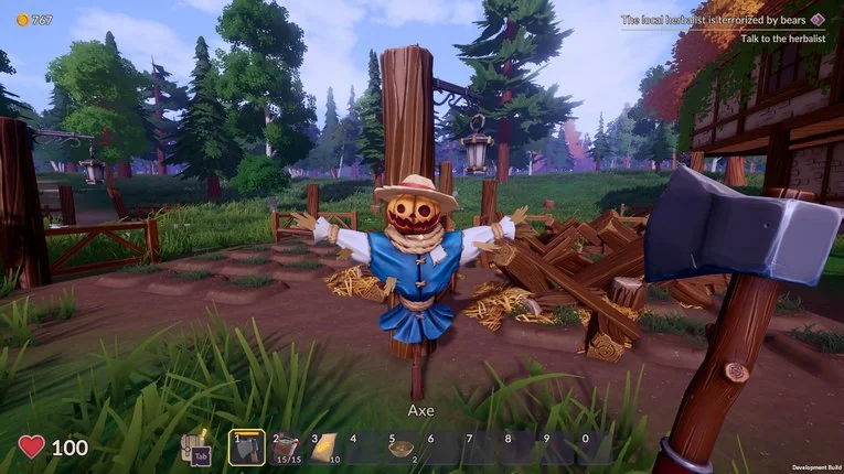 Menggunakan Axe Dan Melihat Ke Arah Boneka Sawah