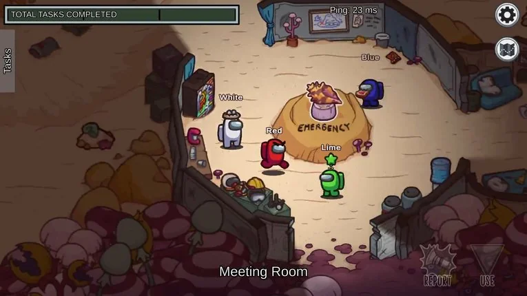 Semua player berkumpul di emergency meeting room untuk menentukan impostor