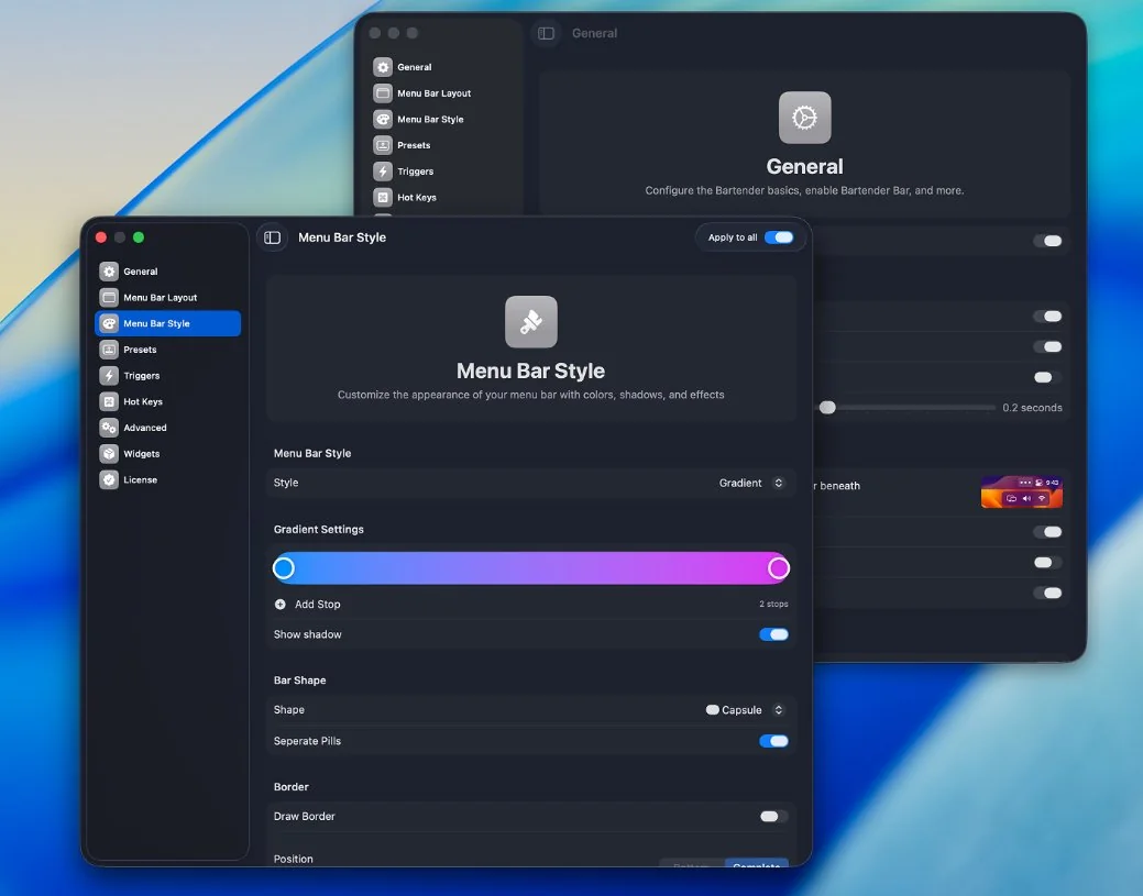 Bartender mengatur menu bar style dengan gradient dan shadow