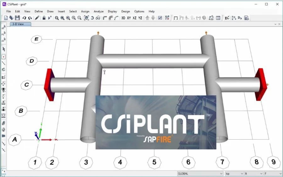 CSI CSiPlant 3D view untuk pipa dengan grid alfabet dan angka