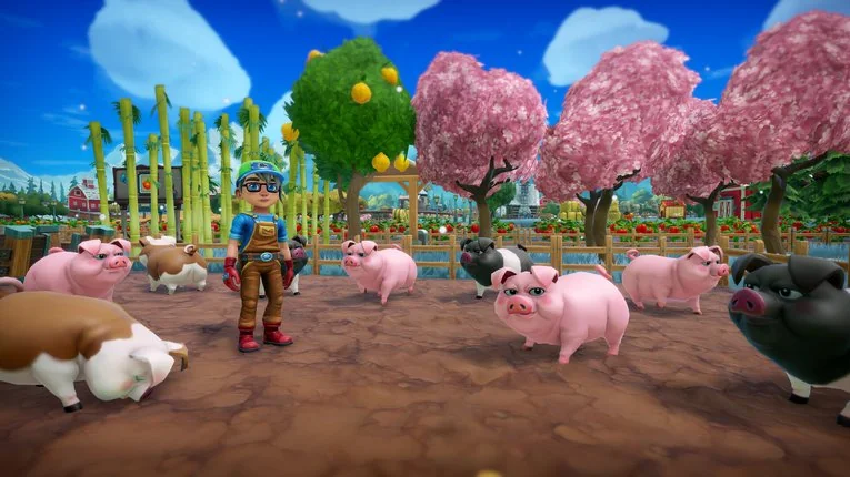 Area peternakan babi di dekor dengan pohon sakura di Farm Together 2