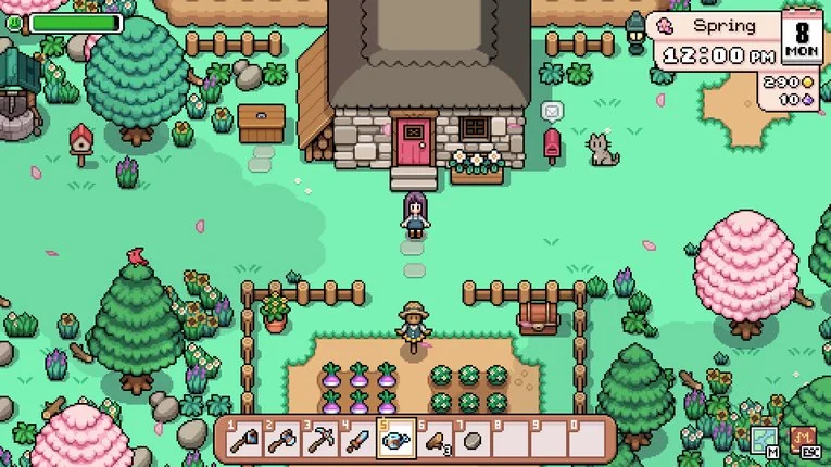 Pagi hari di depan kebun utama di Fields of Mistria