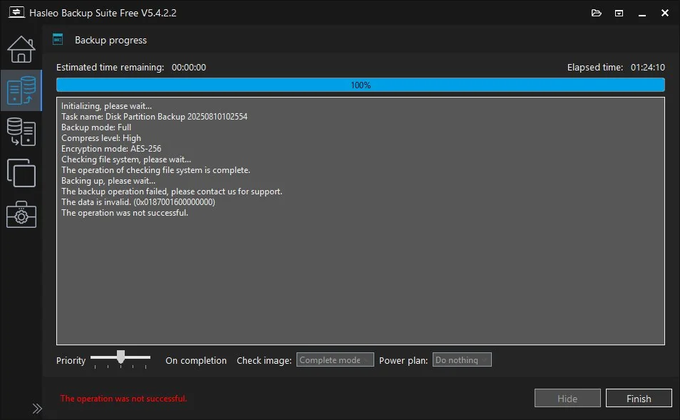 Hasleo Backup Suite backup progress sedang berlangsung dengan priority sedang