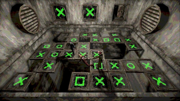 Bermain tic tac toe di atas papan dengan jurang di bawahnya