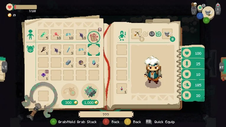 Panel inventory dan skill karakter Moonlighter