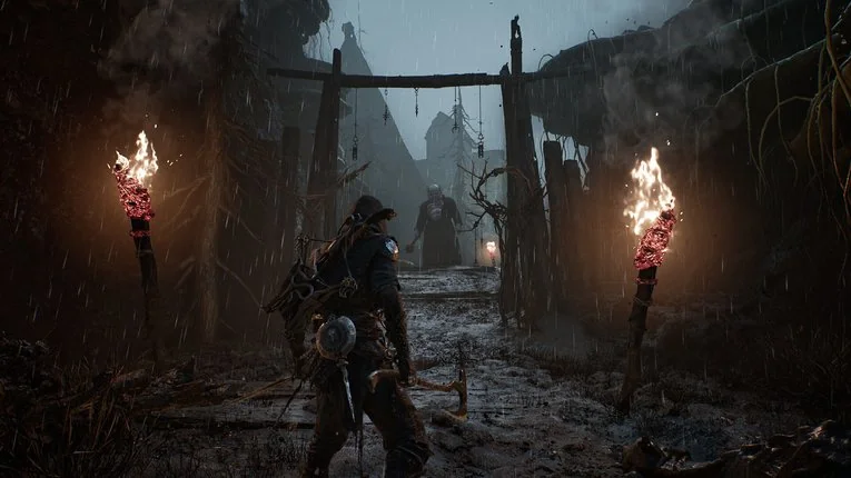 Karakter dengan kampak memasuki area boss fight di village