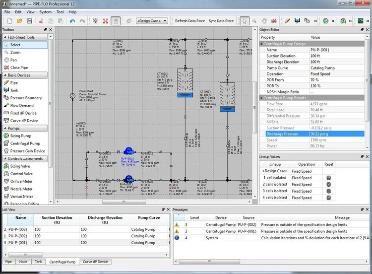 Project panel PIPE-FLO Pro dengan object editor dan lineup values